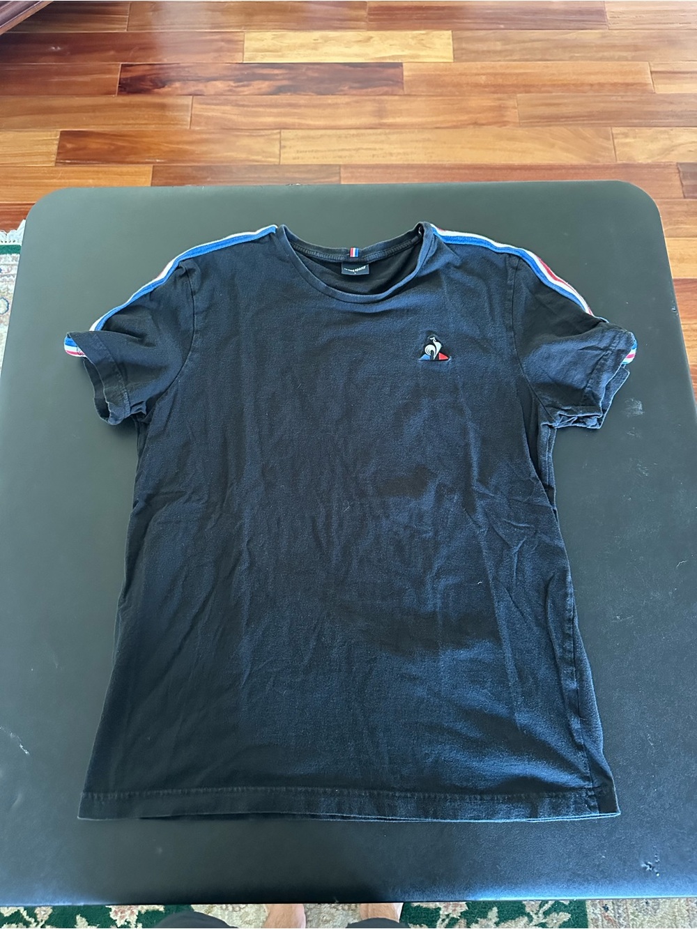 Le Coq Sportif Men's Black Crew Neck Tee with Tricolor Shoulder Stripe Large
